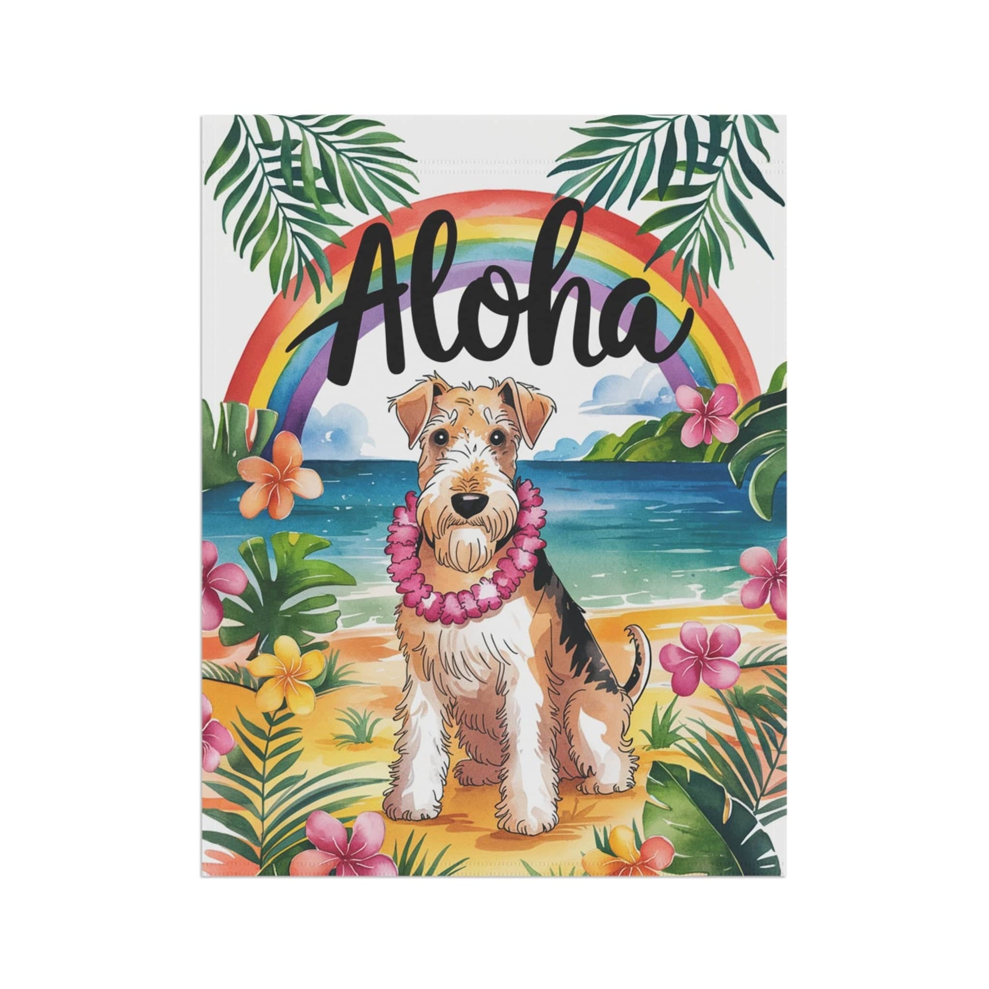 Printify Home Decor Airedale Terrier Hawaii Garden Flag, Aloha Luau Party Decor, Tropical Hawaiian Beach, Housewarming Gardener Gift