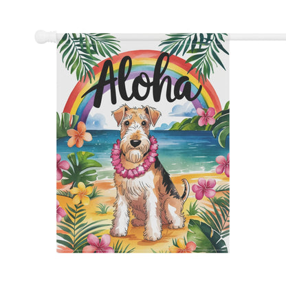 Printify Home Decor Airedale Terrier Hawaii Garden Flag, Aloha Luau Party Decor, Tropical Hawaiian Beach, Housewarming Gardener Gift