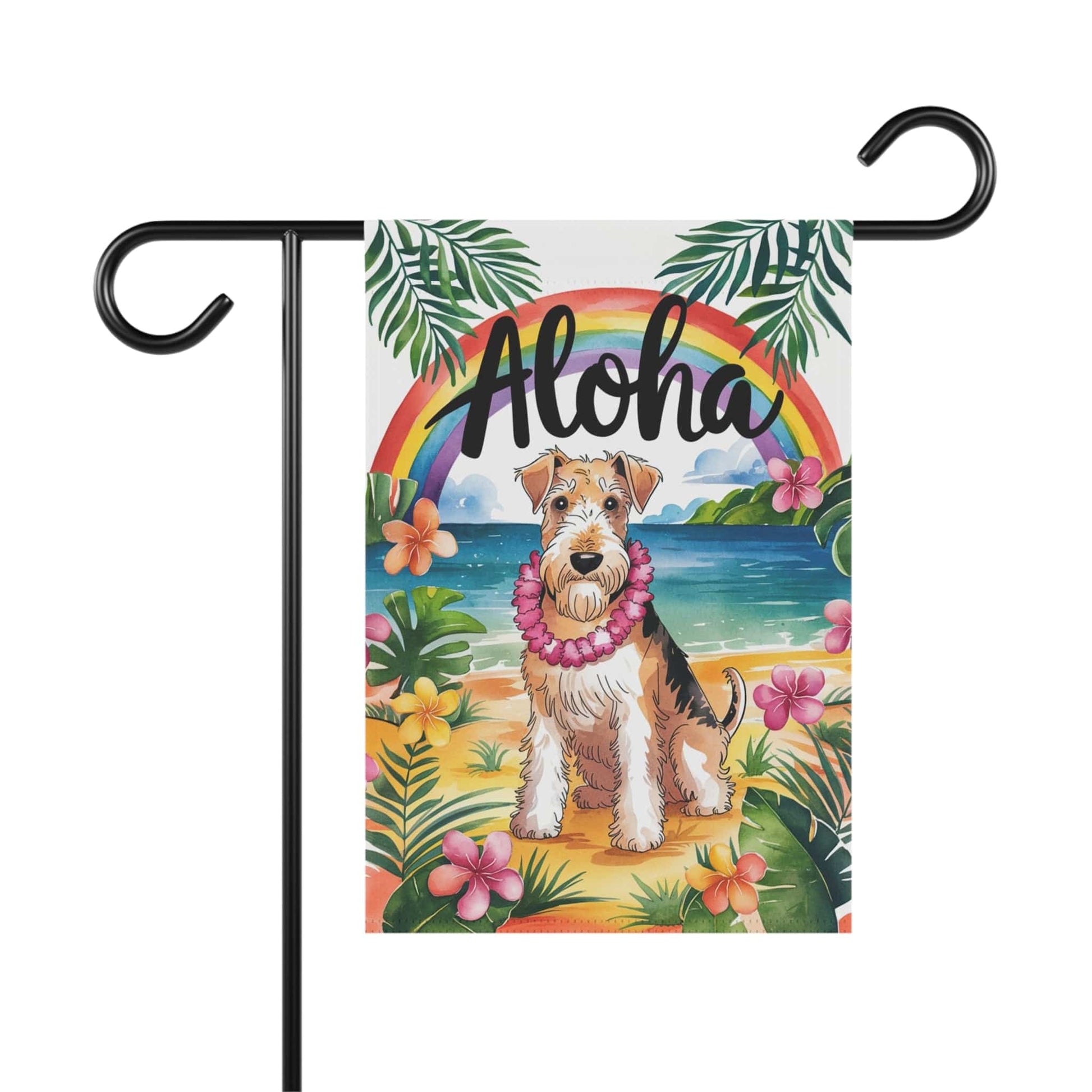 Printify Home Decor 12'' × 18'' / Airedale Terrier Airedale Terrier Hawaii Garden Flag, Aloha Luau Party Decor, Tropical Hawaiian Beach, Housewarming Gardener Gift