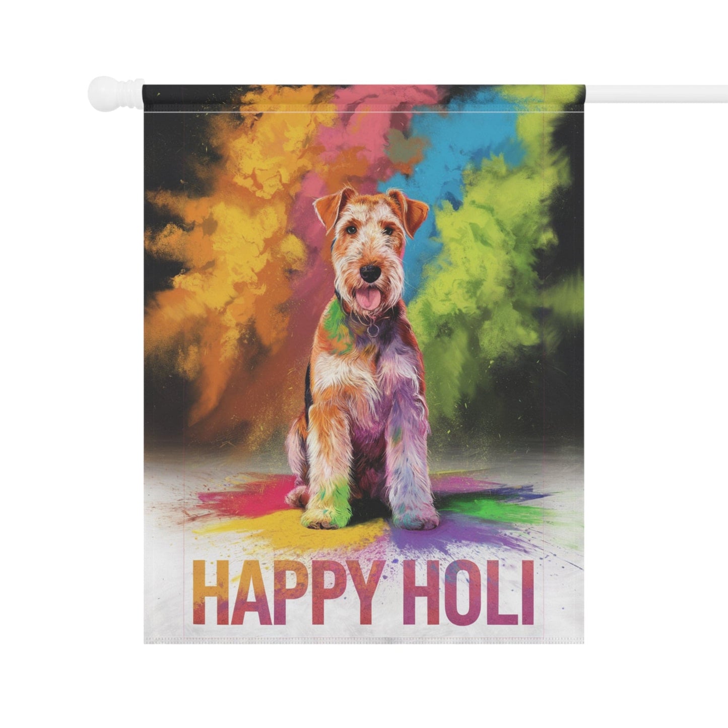 Printify Home Decor Airedale Terrier Holi Festival Garden Flag, Indian Celebrations Funny Dog Lovers Yard Outside Decor, Spring Color Celebration, Housewarming