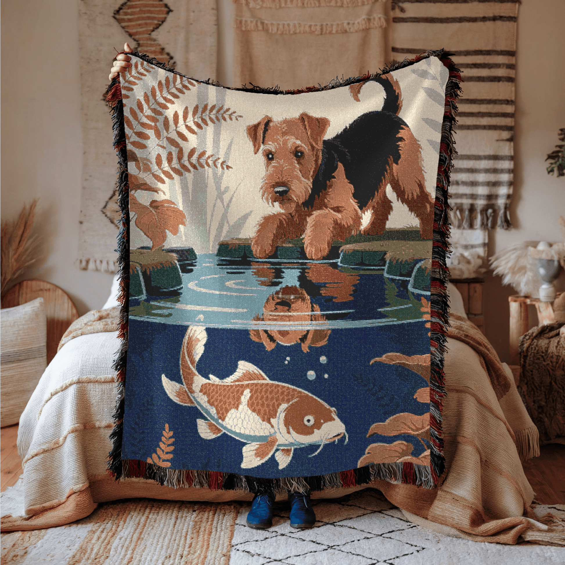 Printify Blanket Airedale Terrier Koi Pond Throw Blanket