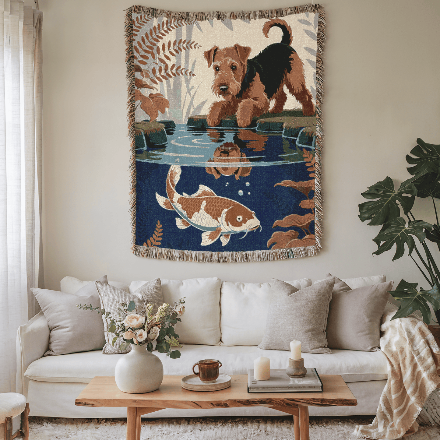 Printify Blanket Airedale Terrier Koi Pond Throw Blanket