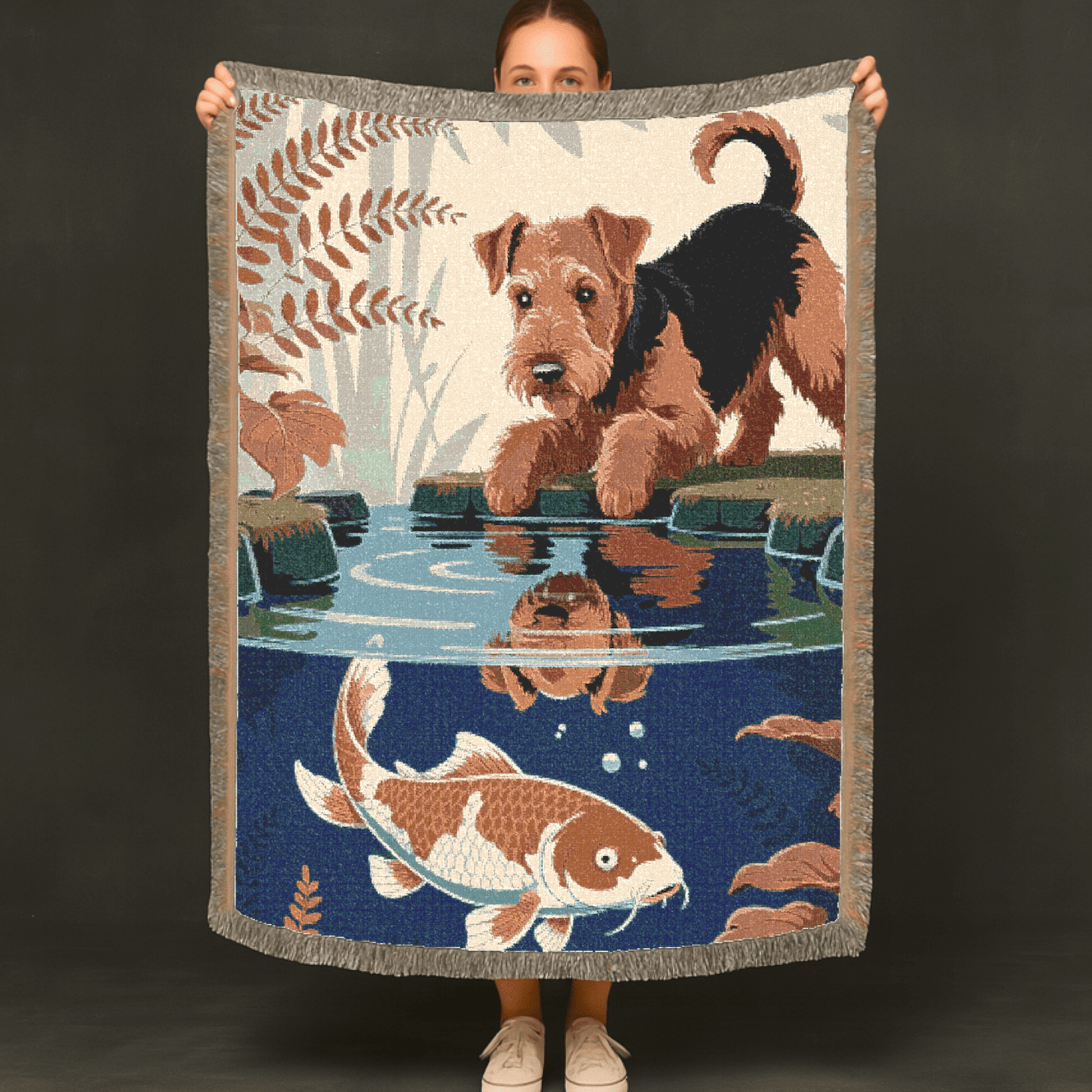 Printify Blanket Airedale Terrier Koi Pond Throw Blanket