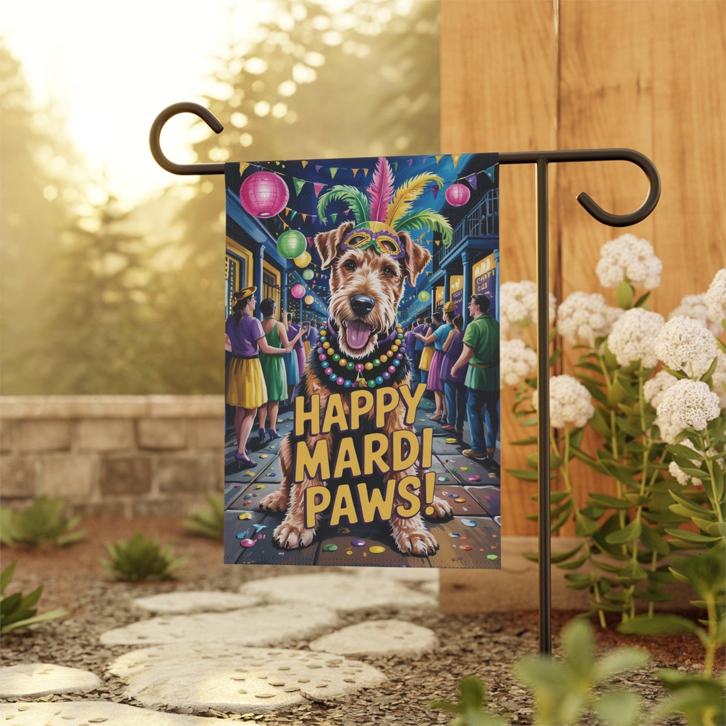 Printify Home Decor Airedale Terrier Mardi Gras Paws Yard Decor, Welcome Housewarming Dog Gift, Dog Mom Dad, New Home Decoration, Gardener New Orleans