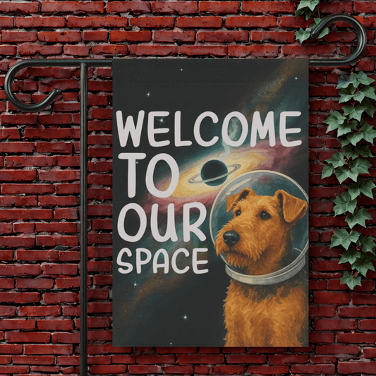Printify Garden Flag 12'' × 18'' Airedale Terrier Outer Space Garden Flag