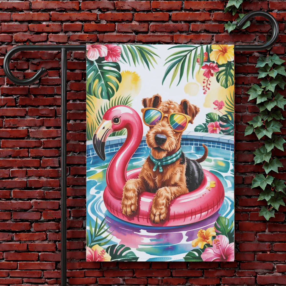 Printify Garden Flag 12'' × 18'' Airedale Terrier Pool Party Garden Flag