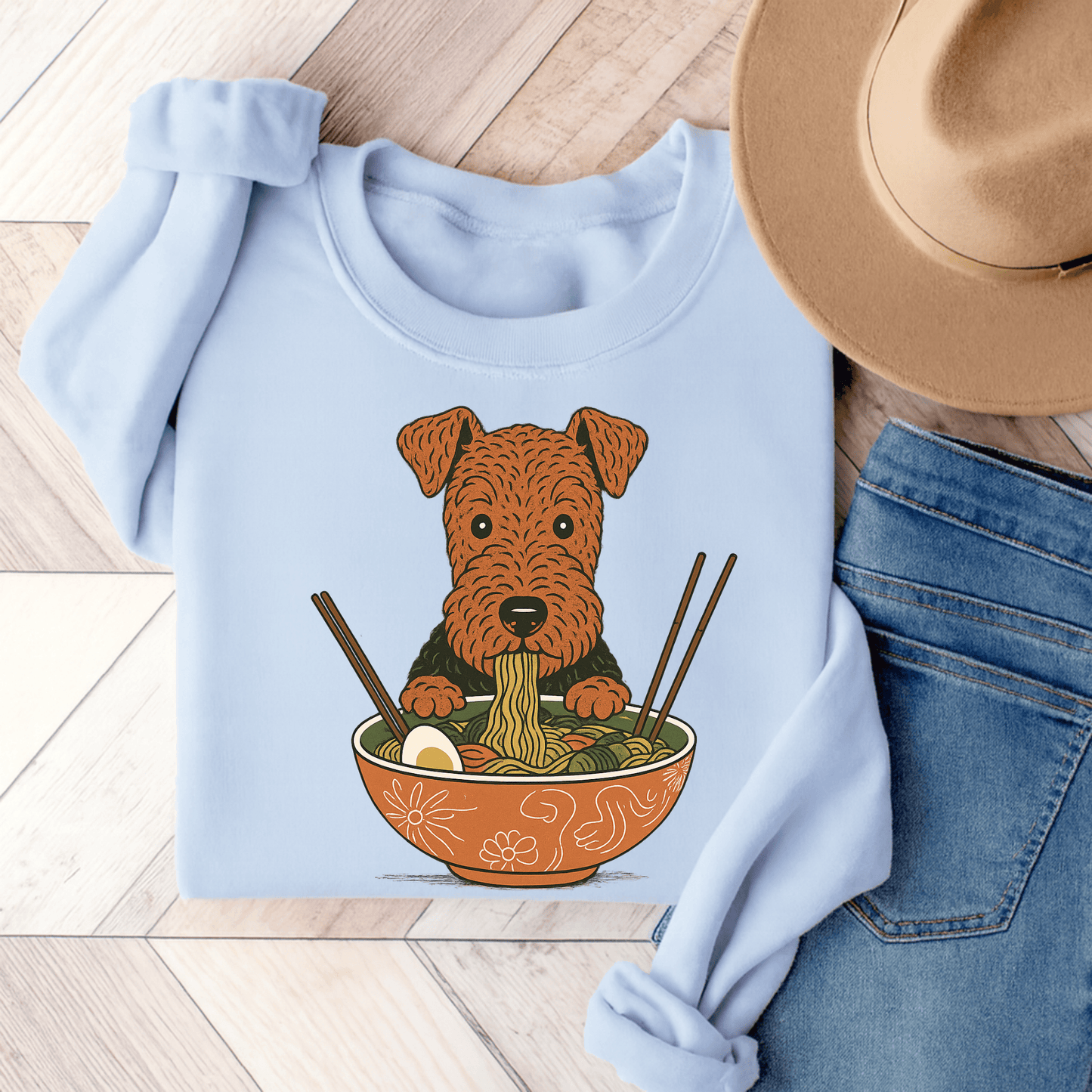 Airedale Terrier Ramen Sweatshirt Light Blue