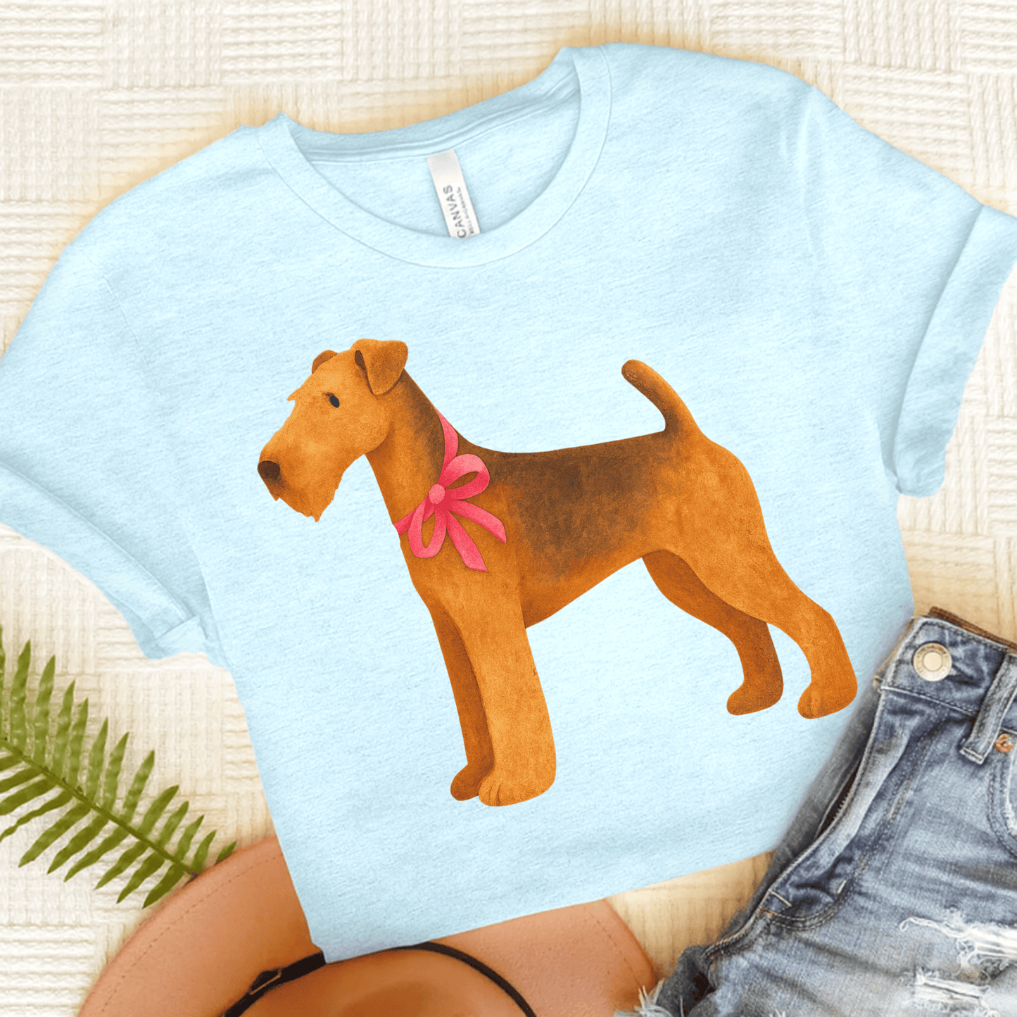 Airedale Terrier Ribbon Tshirt Heather Ice Blue