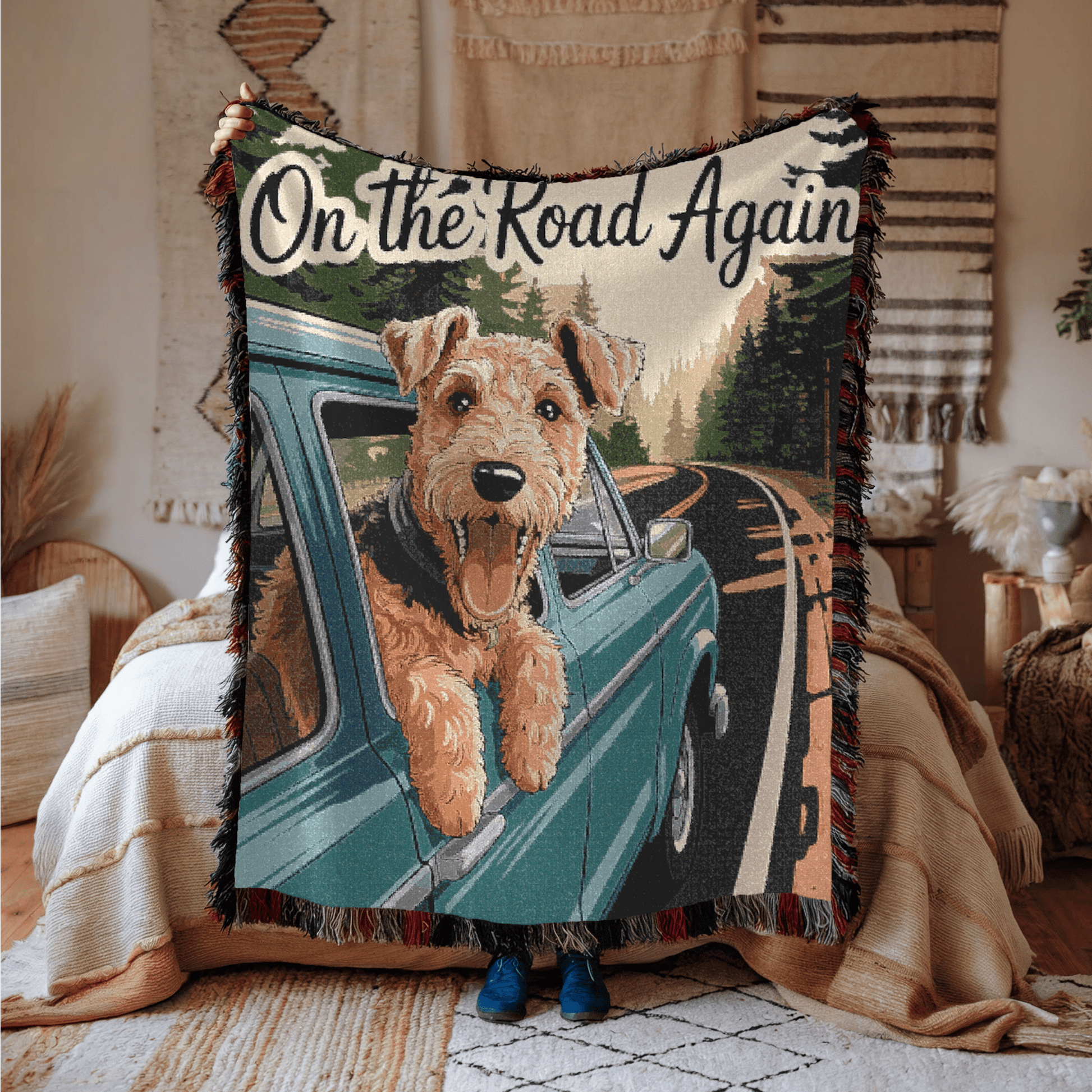Printify Blanket Airedale Terrier Road Trip Travel Throw Blanket
