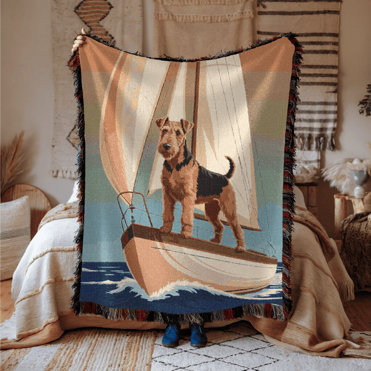 Printify Blanket Airedale Terrier Sailing Nautical Throw Blanket