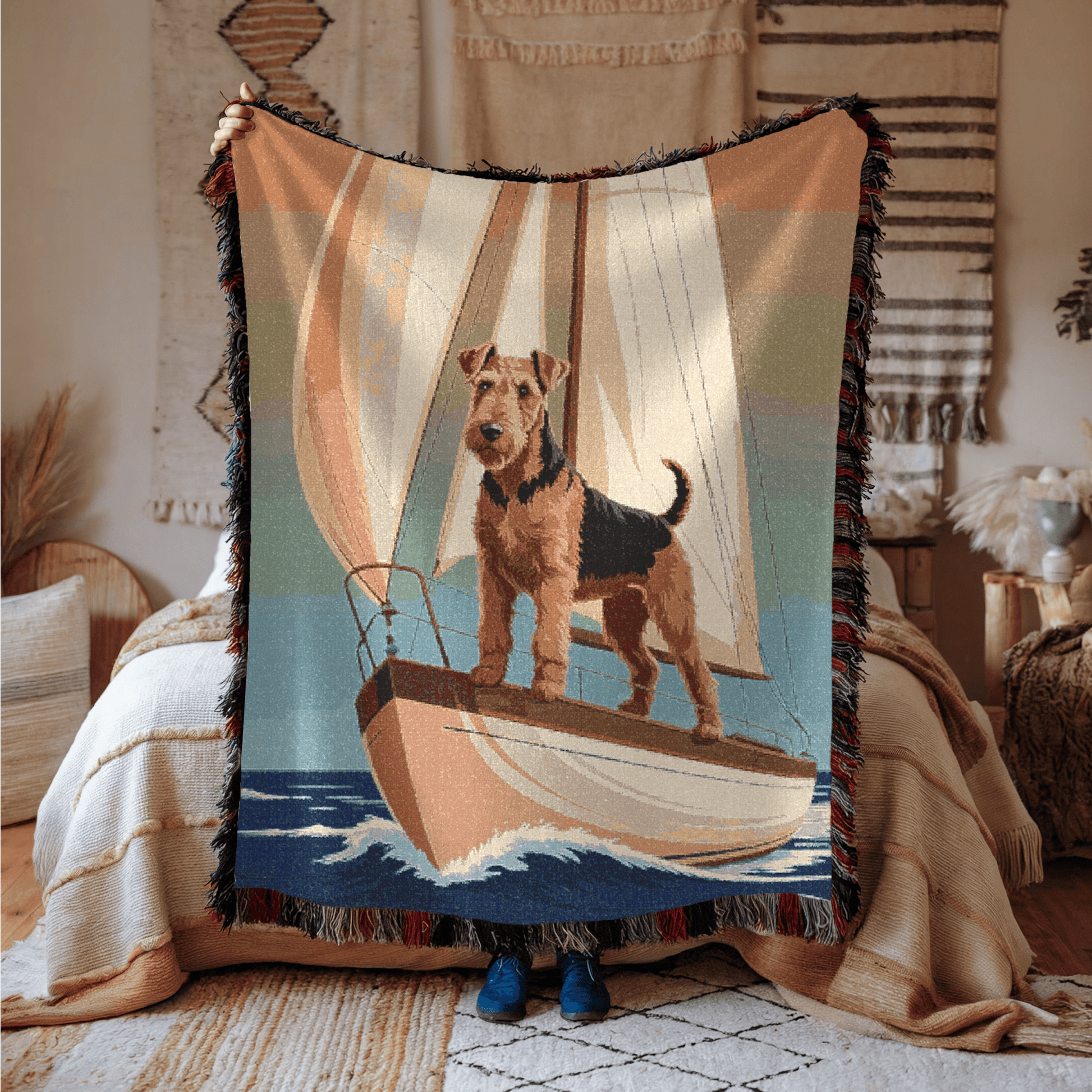 Printify Blanket Airedale Terrier Sailing Nautical Throw Blanket