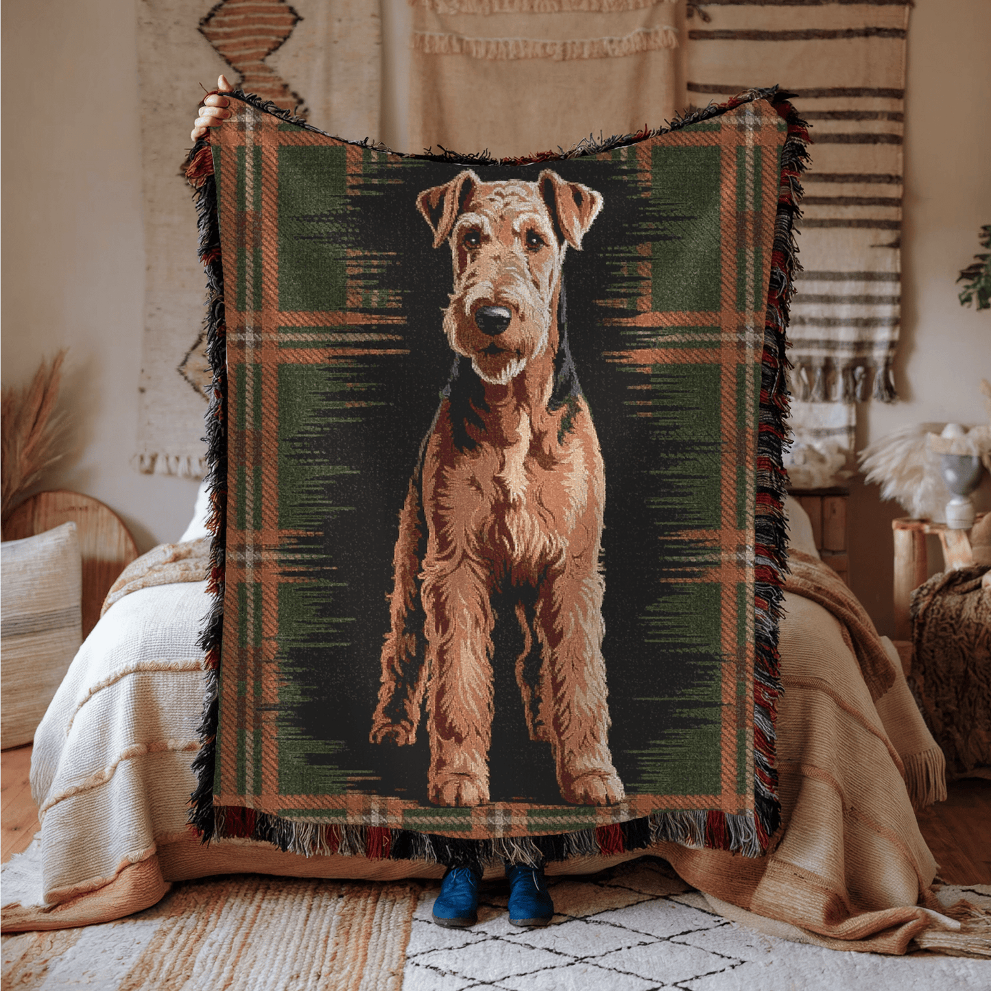 Printify Blanket Airedale Terrier Scottish Tartan Throw Blanket