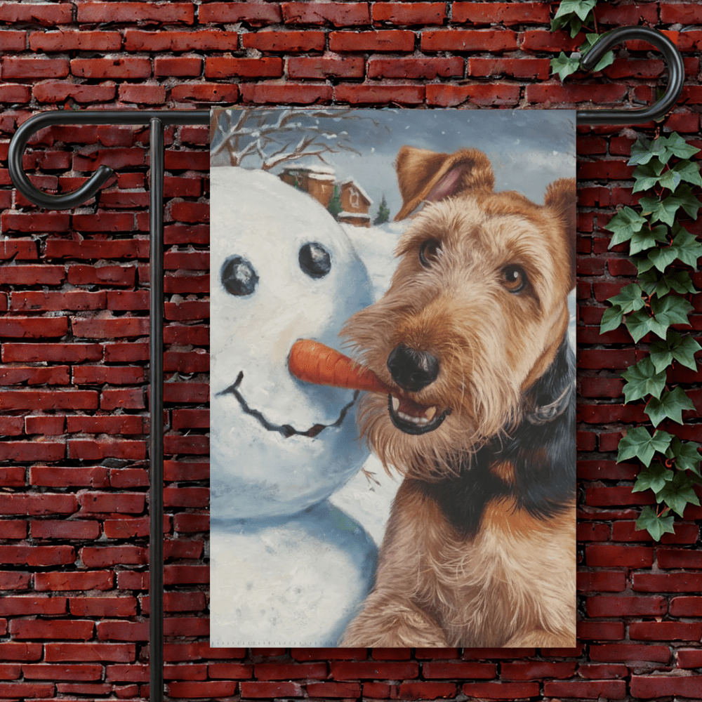 Printify Garden Flag 12'' × 18'' Airedale Terrier Snowman Winter Garden Flag