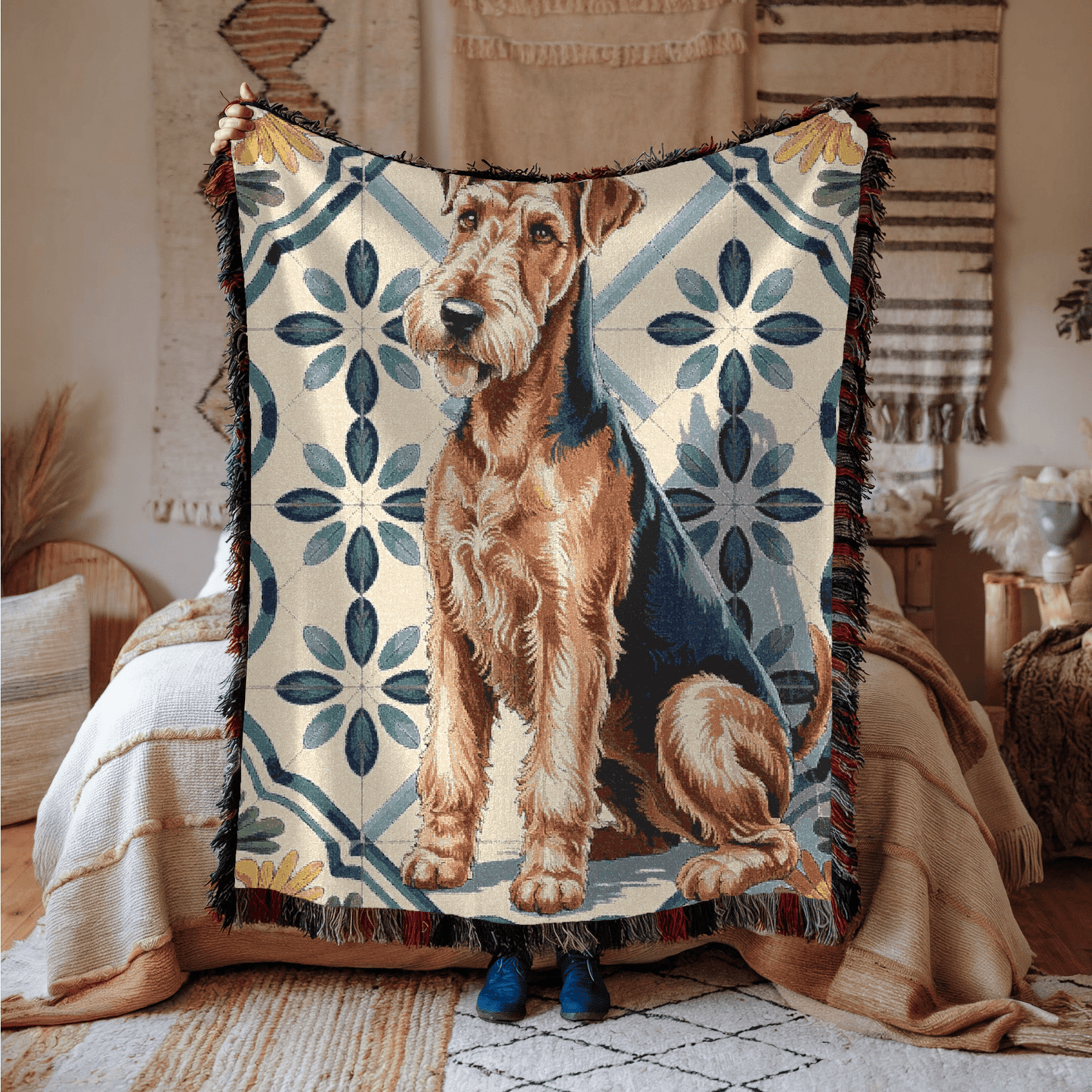 Printify Blanket Airedale Terrier Spanish Talavera Throw Blanket