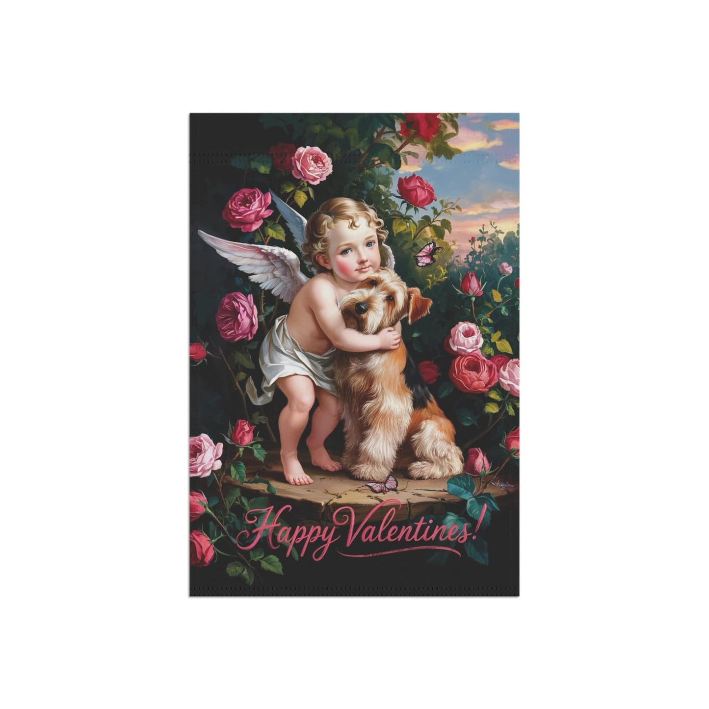 Printify Home Decor Airedale Terrier Valentine's Day Garden Flag Decoration, Outdoor Housewarming Gift, Rose Garden Decor, Cupid Yard Art New Home Gift, Dog Mom