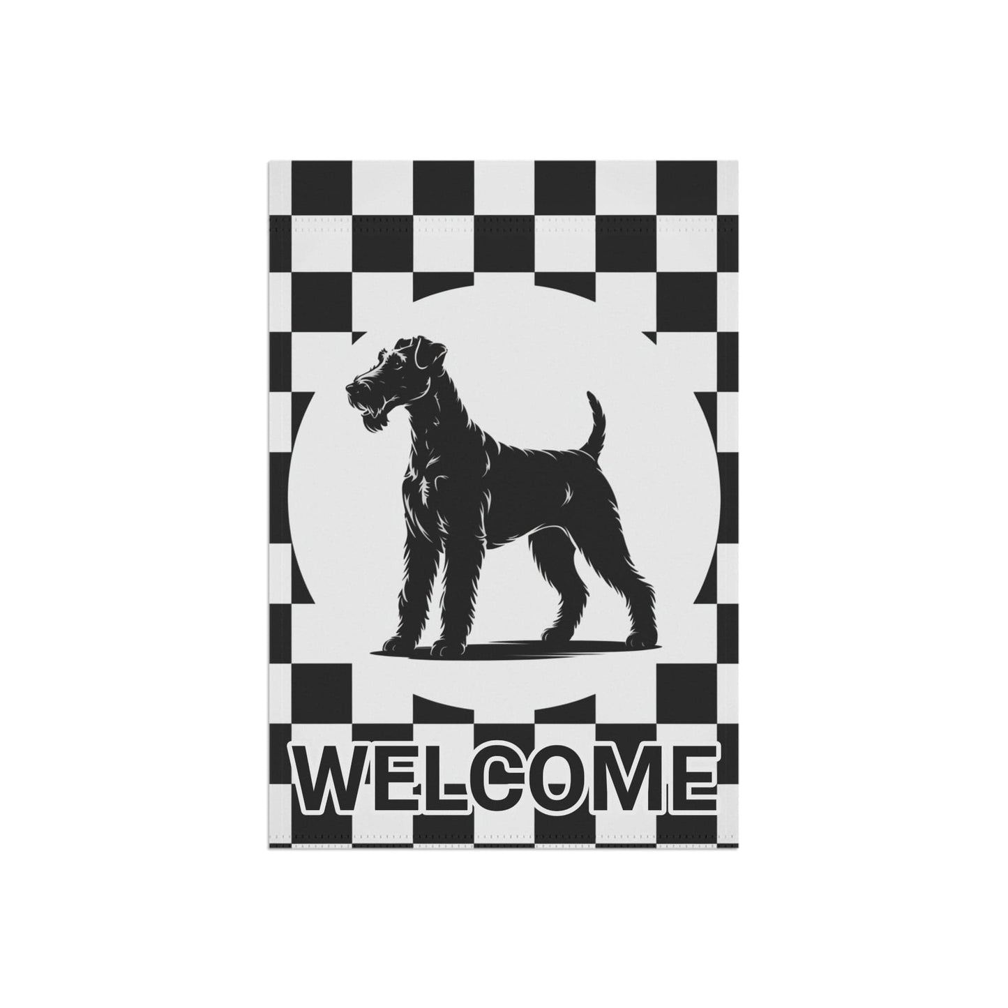 Printify Home Decor Airedale Terrier Welcome Garden Flag, Black and White Checkered Dog Lovers Yard