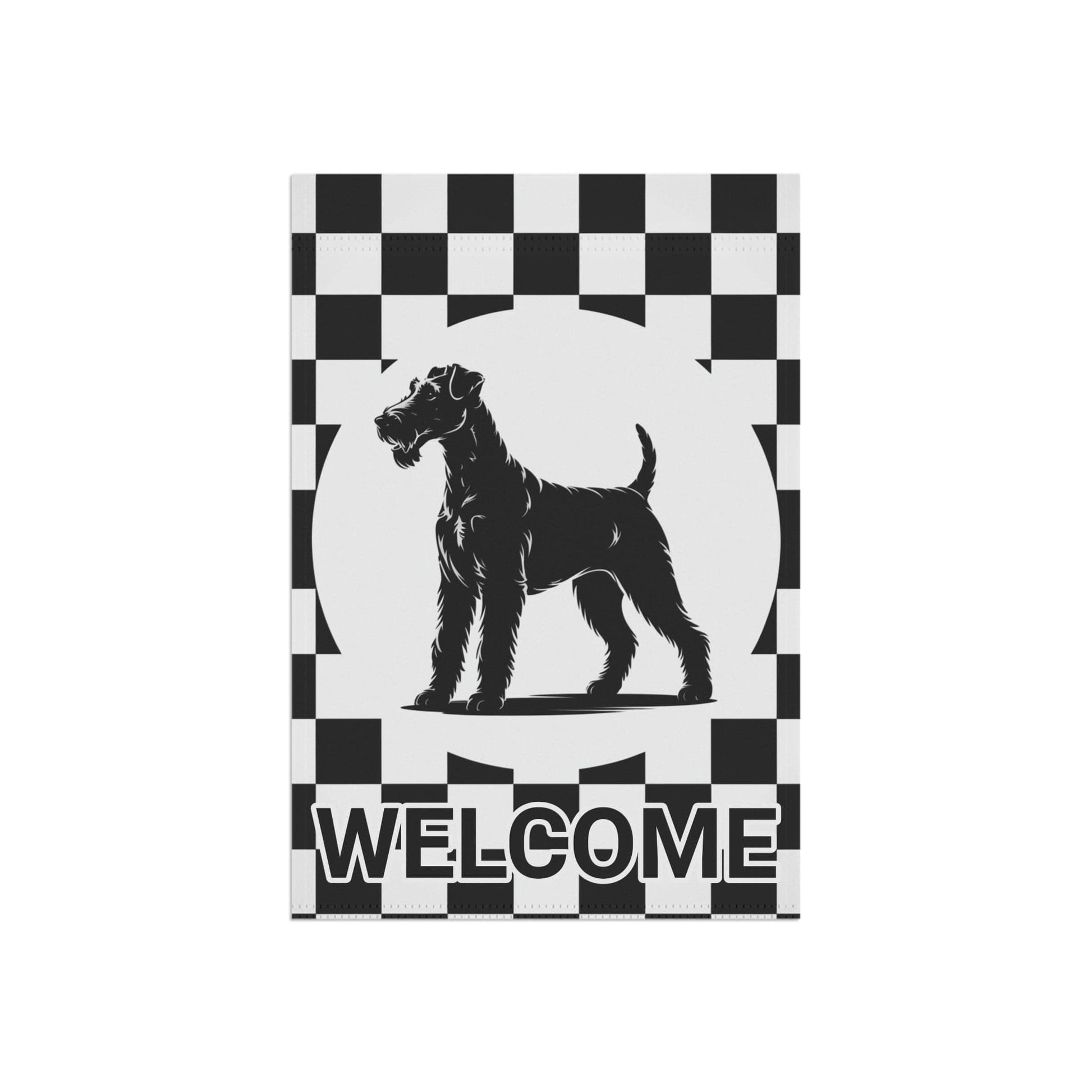 Printify Home Decor Airedale Terrier Welcome Garden Flag, Black and White Checkered Dog Lovers Yard
