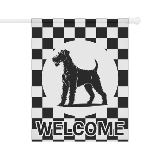 Printify Home Decor 24.5'' × 32'' Airedale Terrier Welcome Garden Flag, Black and White Checkered Dog Lovers Yard