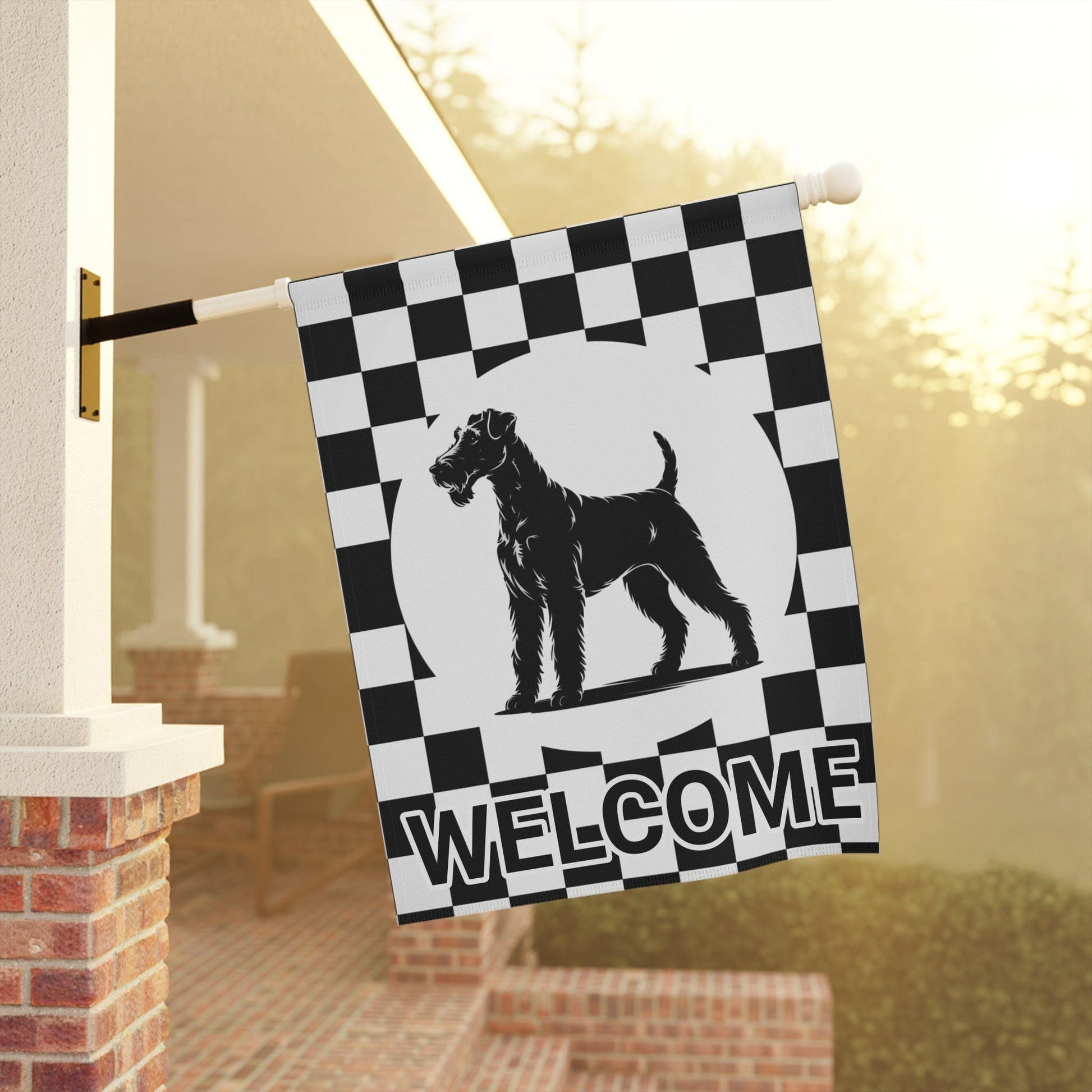 Printify Home Decor Airedale Terrier Welcome Garden Flag, Black and White Checkered Dog Lovers Yard