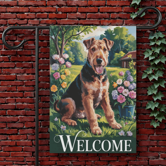 Printify Garden Flag 12'' × 18'' Airedale Terrier Welcome Garden Flag