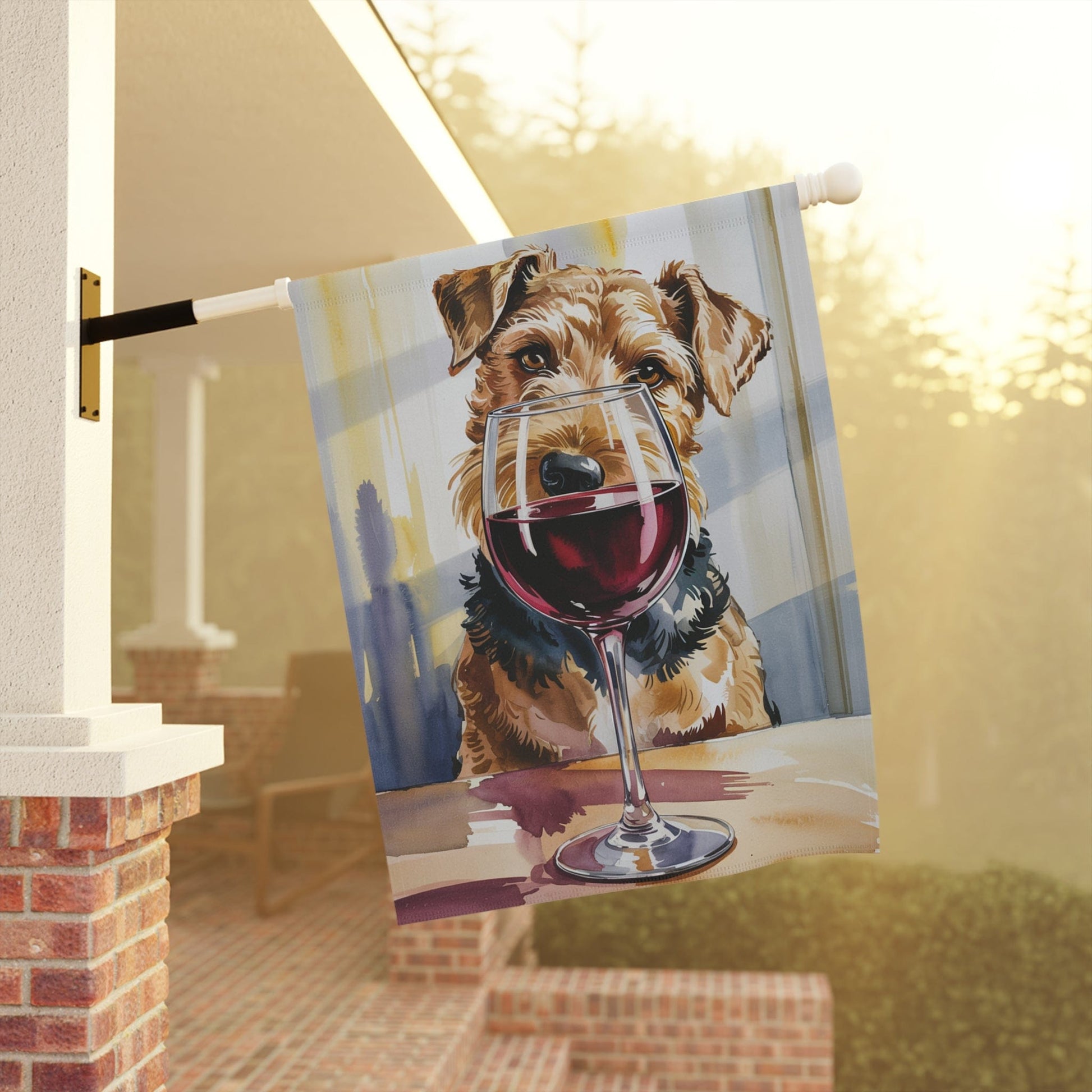 Printify Home Decor Airedale Terrier Wine Garden Flag, Yard Decor, Dog Lover Outdoor Banner, Spring Gardener Housewarming  Gift, New Home, Dog Mom