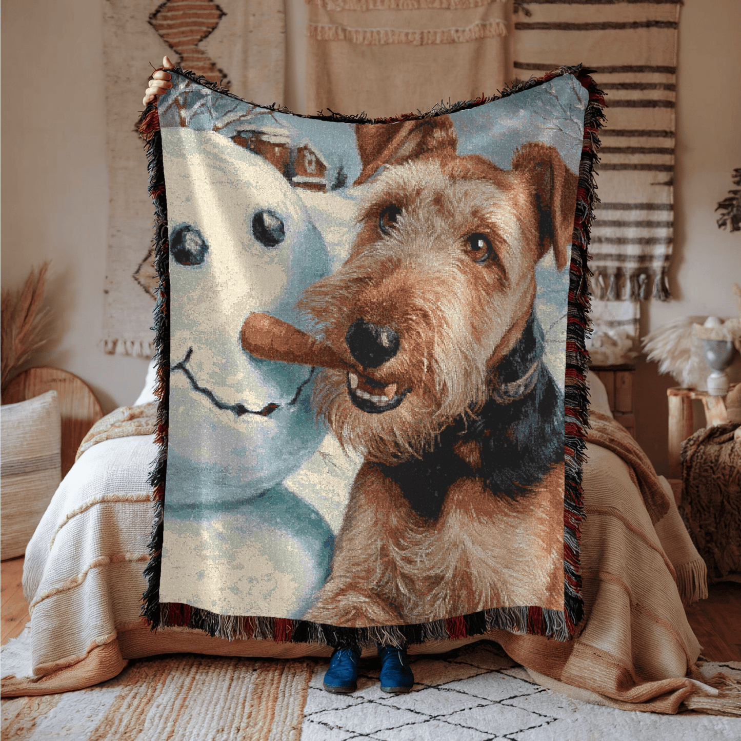 Printify Home Decor Airedale Terrier Winter Snowman Woven Blanket - Cozy Home Decor, Dog Lover Gift, Christmas Gift, Holiday Blanket, Pet Owner Present