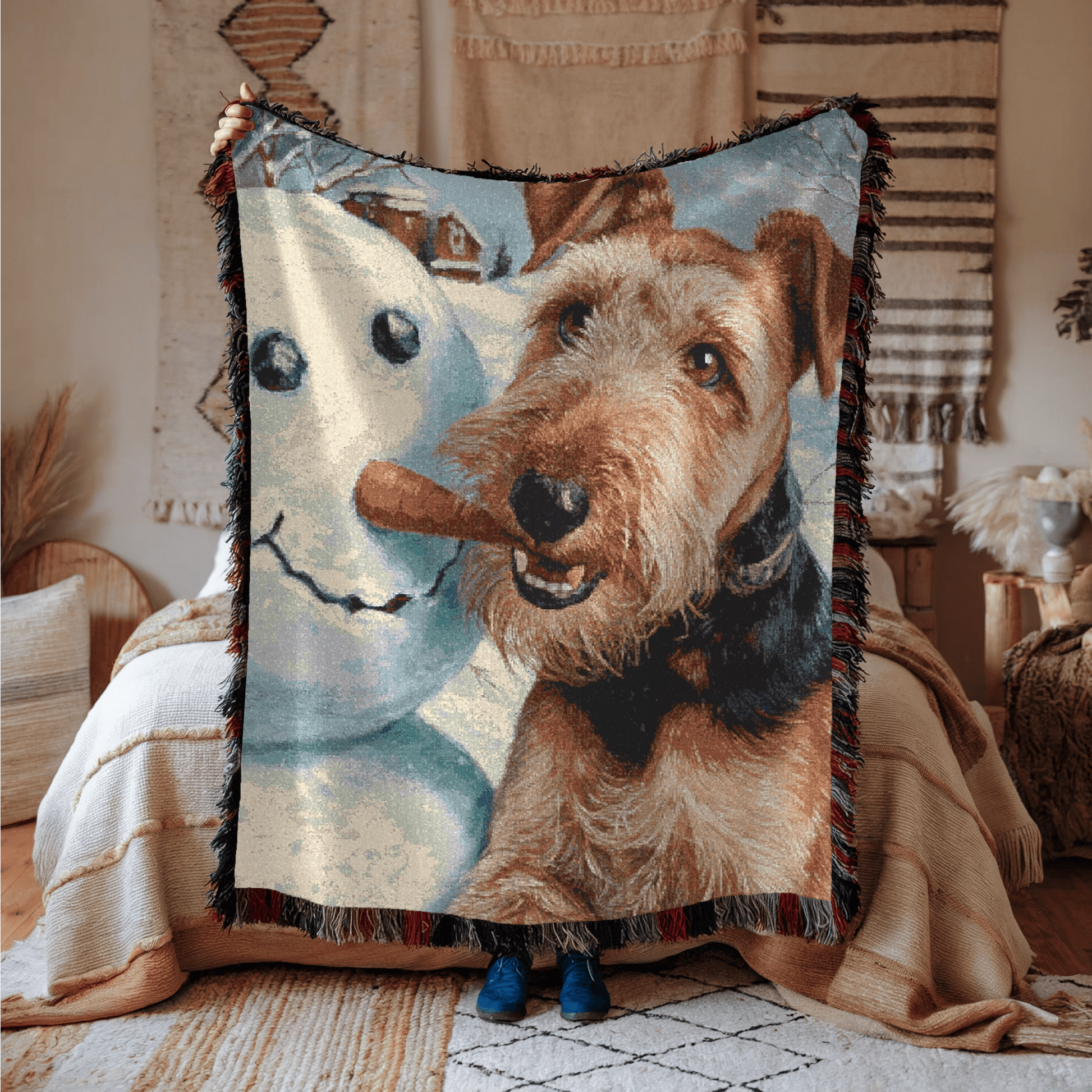 Printify Home Decor Airedale Terrier Winter Snowman Woven Blanket - Cozy Home Decor, Dog Lover Gift, Christmas Gift, Holiday Blanket, Pet Owner Present