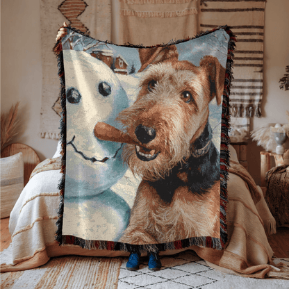 Printify Home Decor Airedale Terrier Winter Snowman Woven Blanket - Cozy Home Decor, Dog Lover Gift, Christmas Gift, Holiday Blanket, Pet Owner Present