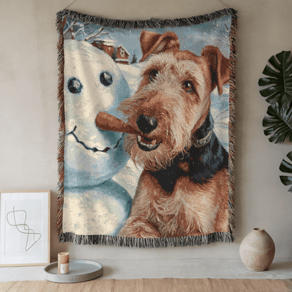 Printify Home Decor Airedale Terrier Winter Snowman Woven Blanket - Cozy Home Decor, Dog Lover Gift, Christmas Gift, Holiday Blanket, Pet Owner Present