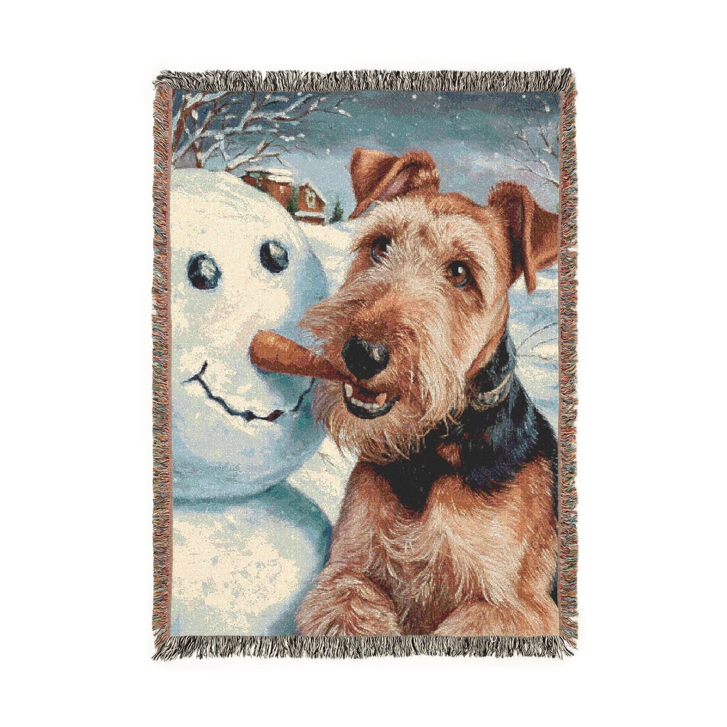 Printify Home Decor Airedale Terrier Winter Snowman Woven Blanket - Cozy Home Decor, Dog Lover Gift, Christmas Gift, Holiday Blanket, Pet Owner Present