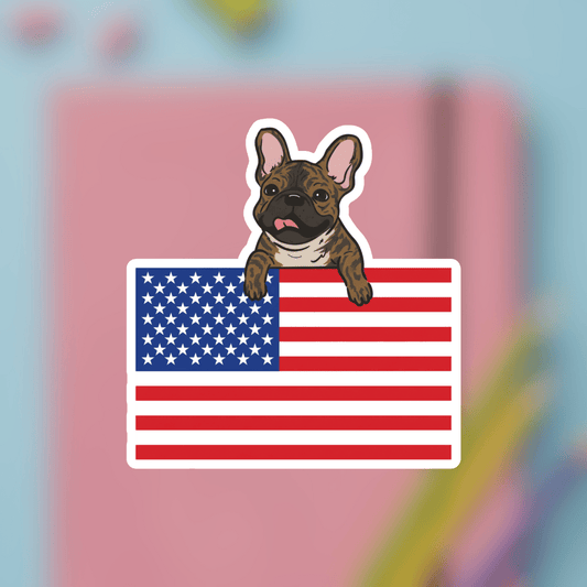 American Flag Brindle Frenchie Sticker 3" × 3" White