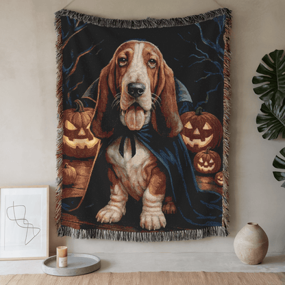 Printify Blanket 52'' × 37'' Basset Dog Halloween Woven Blanket