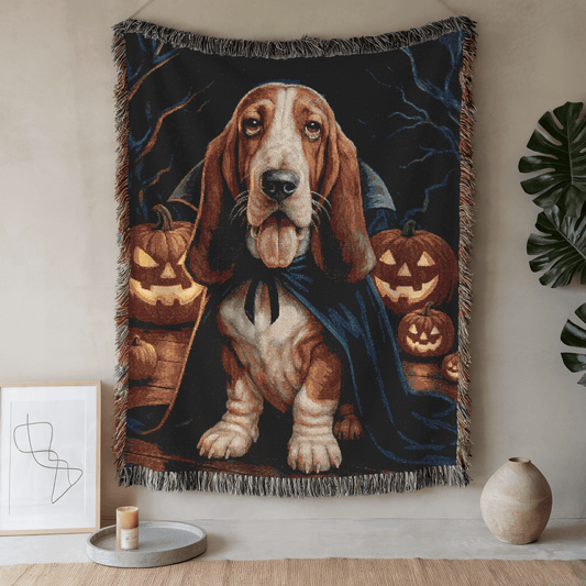 Printify Blanket 52'' × 37'' Basset Dog Halloween Woven Blanket