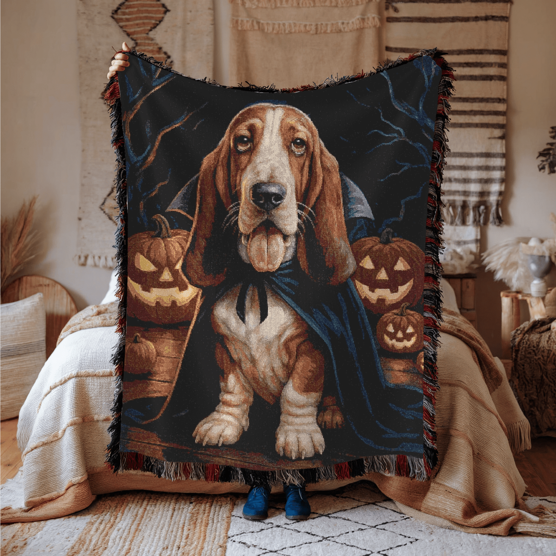 Printify Blanket Basset Dog Halloween Woven Blanket