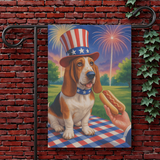 Printify Garden Flag 12'' × 18'' Basset Hound 4th of July Garden Flag