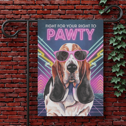 Printify Garden Flag 12'' × 18'' Basset Hound 80s Party Garden Flag