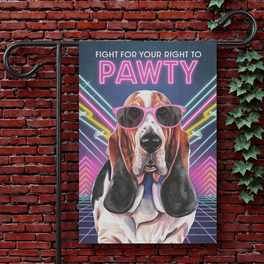 Printify Garden Flag 12'' × 18'' Basset Hound 80s Party Garden Flag
