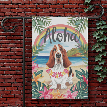 Printify Garden Flag 12'' × 18'' Basset Hound Aloha Garden Flag
