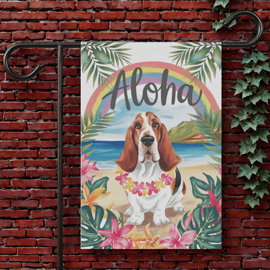 Printify Garden Flag 12'' × 18'' Basset Hound Aloha Garden Flag