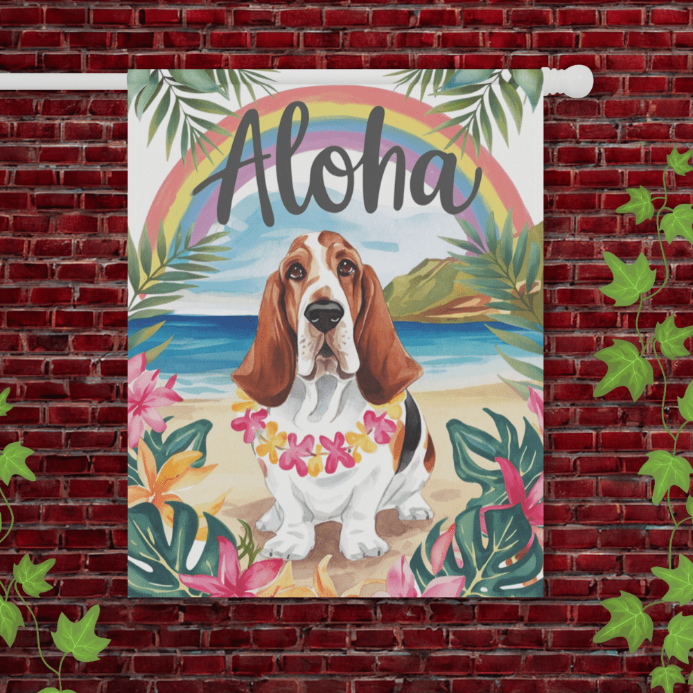 Printify Garden Flag 24.5'' × 32'' Basset Hound Aloha Garden Flag