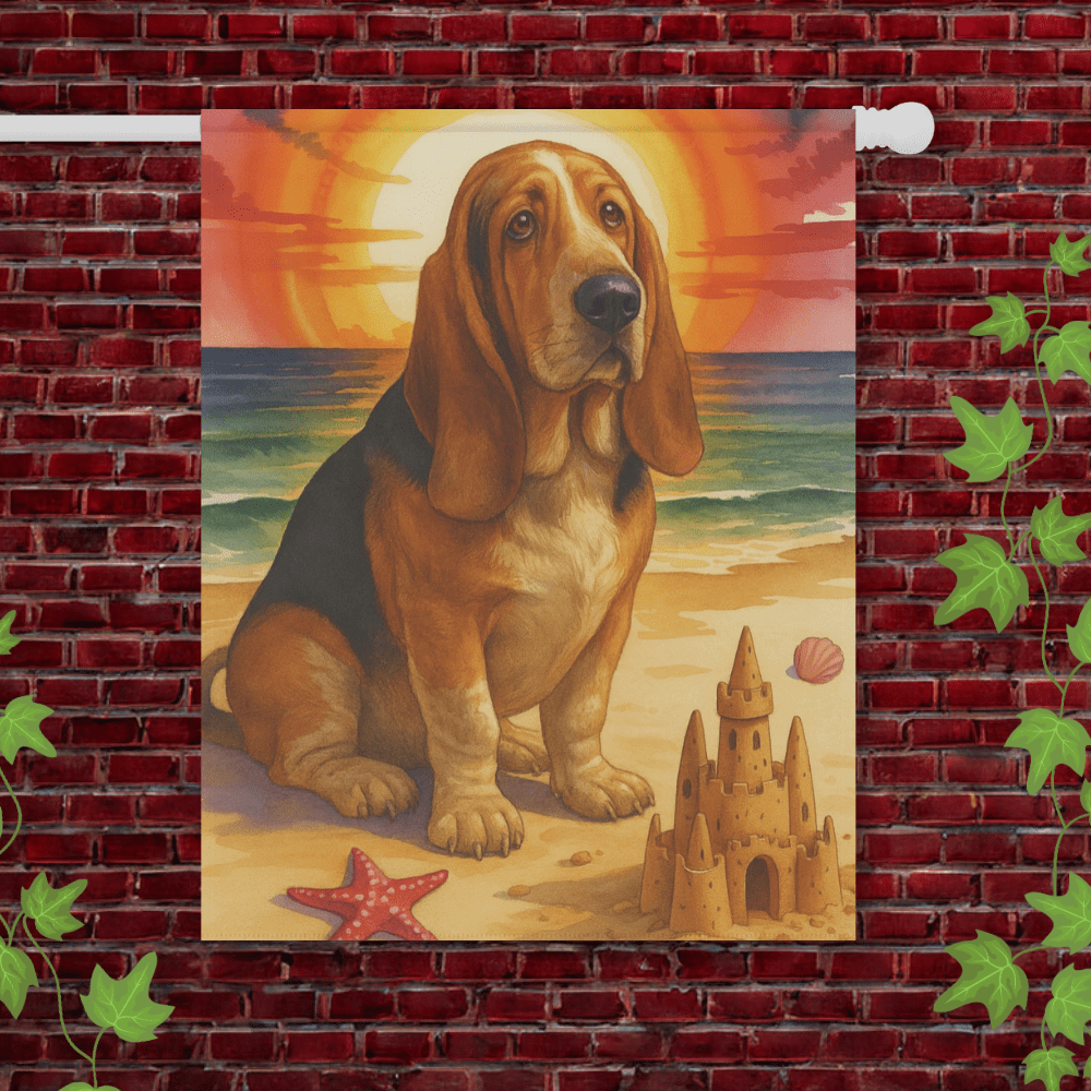 Printify Garden Flag 24.5'' × 32'' Basset Hound Beach Garden Flag