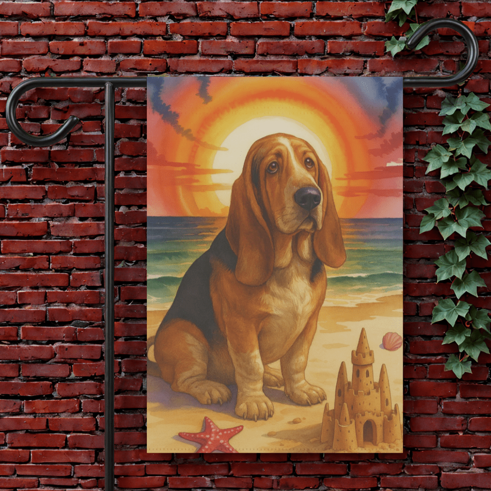 Printify Garden Flag 12'' × 18'' Basset Hound Beach Garden Flag
