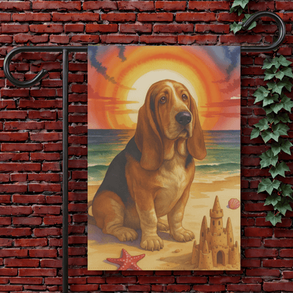 Printify Garden Flag 12'' × 18'' Basset Hound Beach Garden Flag