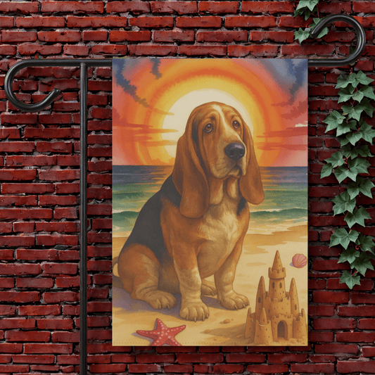 Printify Garden Flag 12'' × 18'' Basset Hound Beach Garden Flag