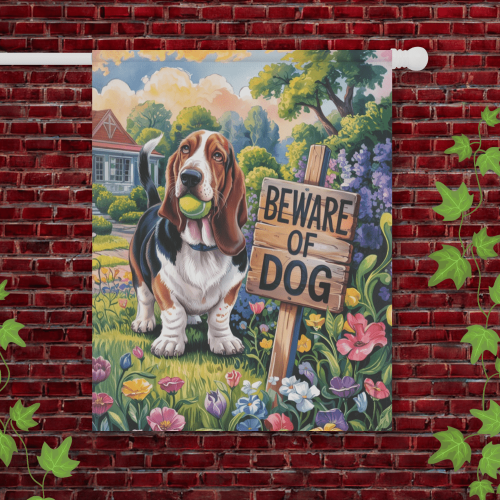 Printify Garden Flag 24.5'' × 32'' Basset HOund Beware Garden Flag