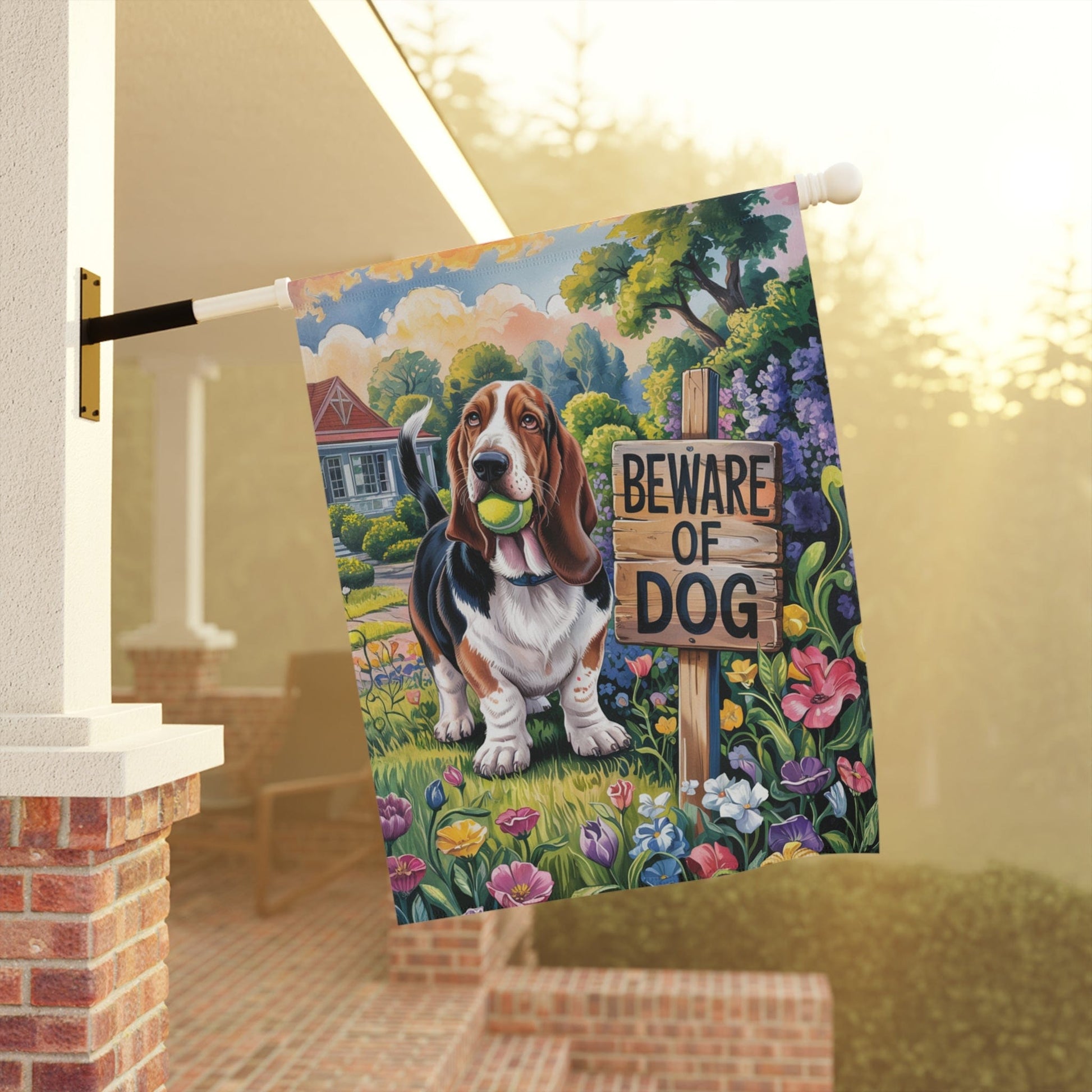 Printify Garden Flag Basset HOund Beware Garden Flag