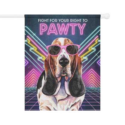 Printify Home Decor 24.5'' × 32'' Basset Hound Dog, 80s Party Retro-Futuristic Garden Flag, Front Yard Spring Decor