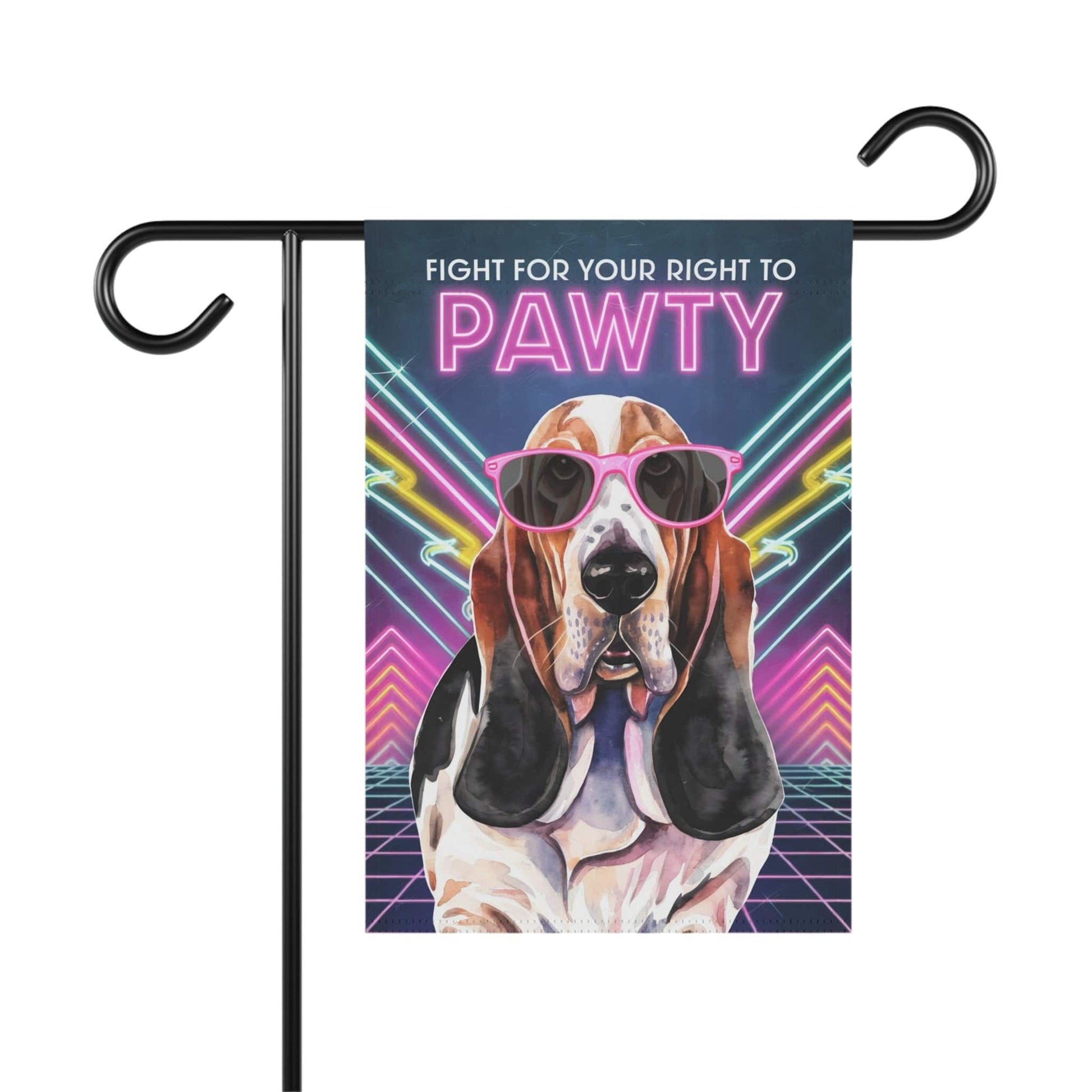 Printify Home Decor 12'' × 18'' Basset Hound Dog, 80s Party Retro-Futuristic Garden Flag, Front Yard Spring Decor