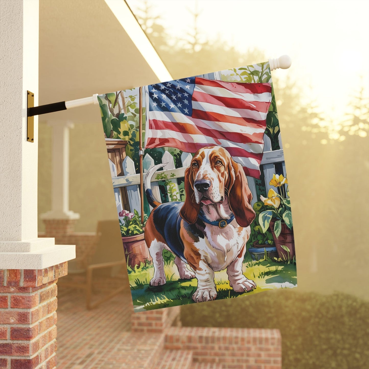 Printify Home Decor Basset Hound Dog Garden Flag, 4th of July, US Flag Yard Outside Decor, Patriotic