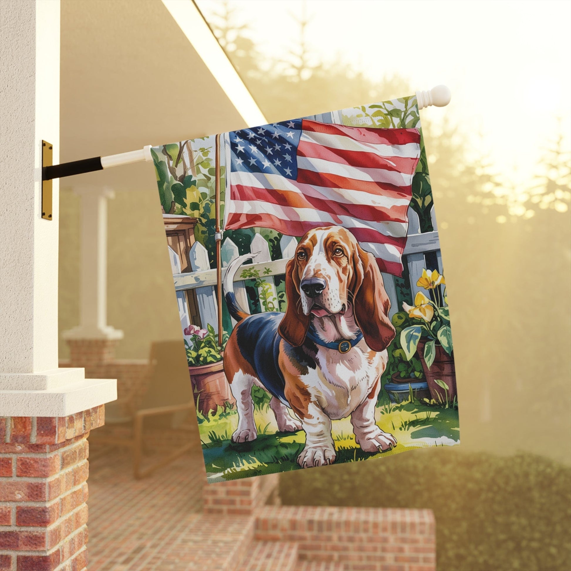 Printify Home Decor Basset Hound Dog Garden Flag, 4th of July, US Flag Yard Outside Decor, Patriotic